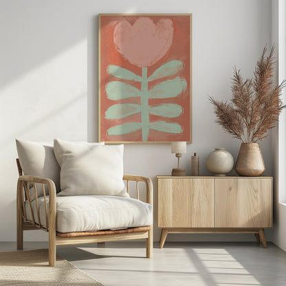 A stylized painting of a single flower with a large, heart-shaped pink blossom and a pale green stem with leaves, set against a textured coral background and framed in black. Poster