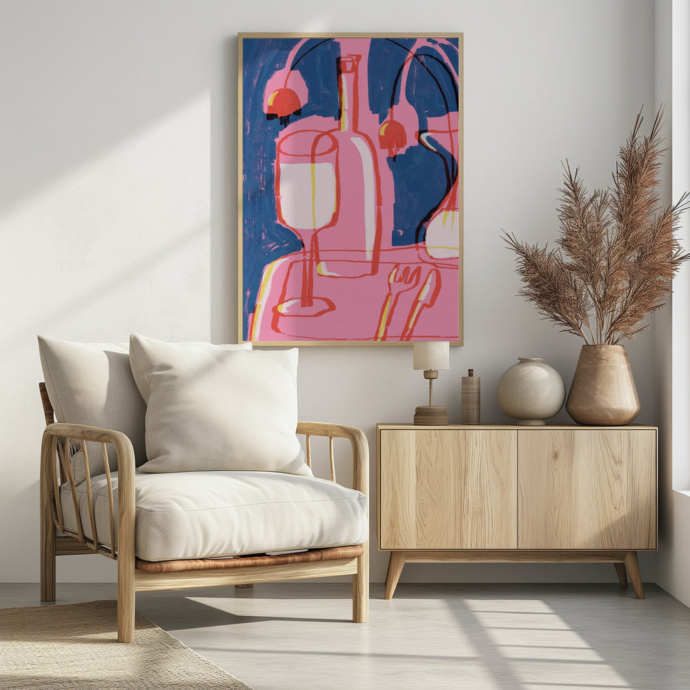 An abstract still life painting featuring a vibrant pink table setting against a deep blue background. The composition includes the overlapping red and yellow outlines of a wine glass, a bottle, and cutlery. Abstract red shapes resembling cherries or lamps hang in the background, adding to the modern and expressive feel. Poster