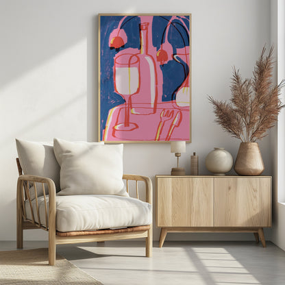 An abstract still life painting featuring a vibrant pink table setting against a deep blue background. The composition includes the overlapping red and yellow outlines of a wine glass, a bottle, and cutlery. Abstract red shapes resembling cherries or lamps hang in the background, adding to the modern and expressive feel. Poster