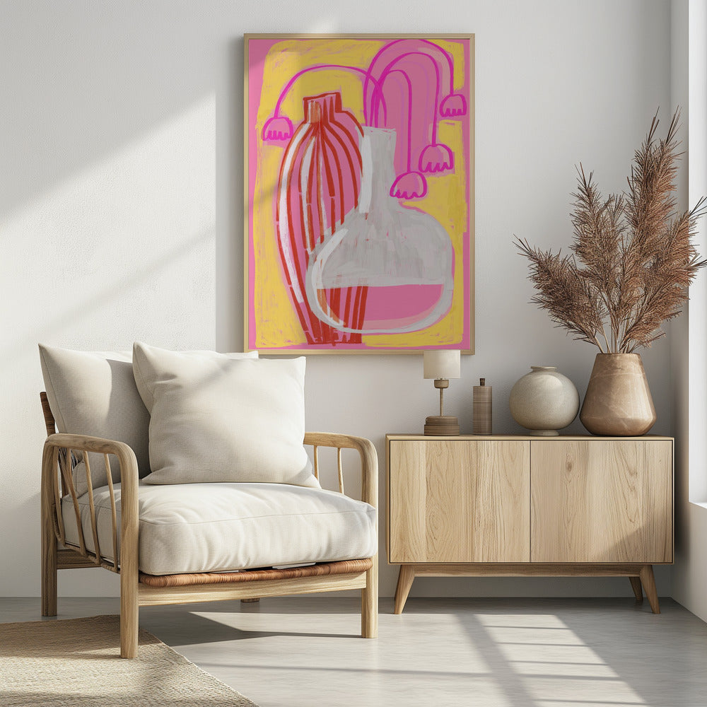 A vibrant abstract still life painting featuring two vases against a pink and yellow background. A tall, slender vase has vertical red and white stripes, while next to it sits a clear, round-bottomed flask filled with pink liquid. Stylized, drooping pink bell-shaped flowers on long stems are arranged behind the vases. Print