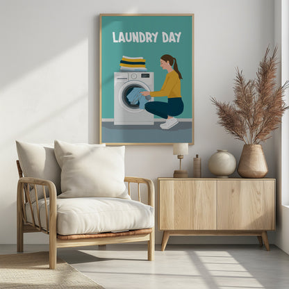A framed illustration poster with the words 'LAUNDRY DAY' in white at the top. A woman with brown hair in a ponytail, wearing a yellow top and blue pants, crouches to load blue clothes into a white front-loading washing machine. A stack of folded laundry sits atop the machine against a teal background. Print