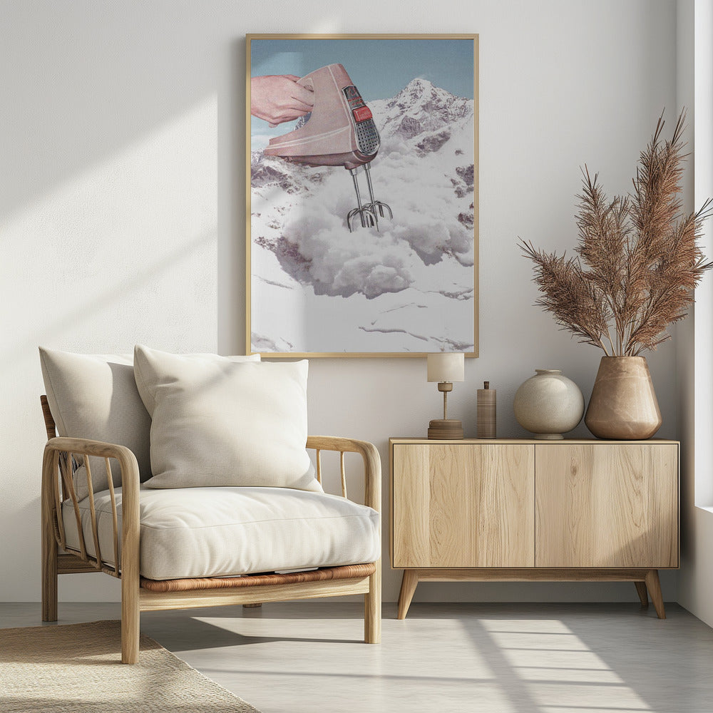 A surreal collage featuring a hand holding a vintage pink electric mixer, with its beaters plunged into a fluffy white cloud, set against a backdrop of snow-covered mountains. Poster