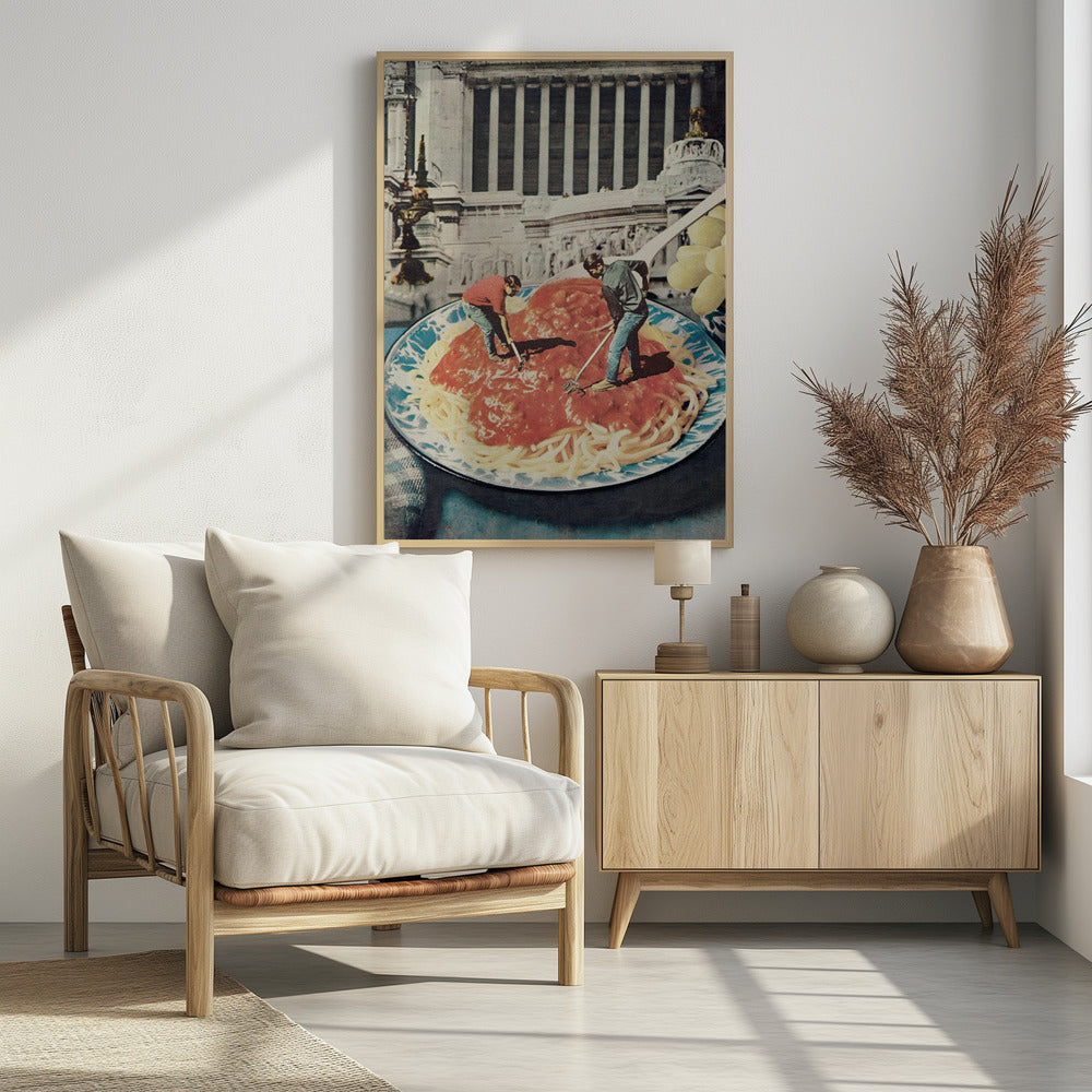 A surreal vintage collage depicting two miniature men using garden tools, like a rake and a hoe, to work on a giant plate of spaghetti with red sauce, set against the backdrop of a classical Roman building. Artwork