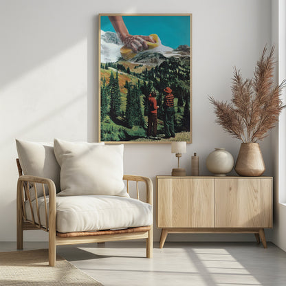 A surrealist collage featuring two people in vintage attire standing in a lush, green mountain landscape. Above them, a giant, soapy hand emerges from the top of the frame, washing the snow-capped mountain peaks with a yellow sponge against a bright blue sky. Print