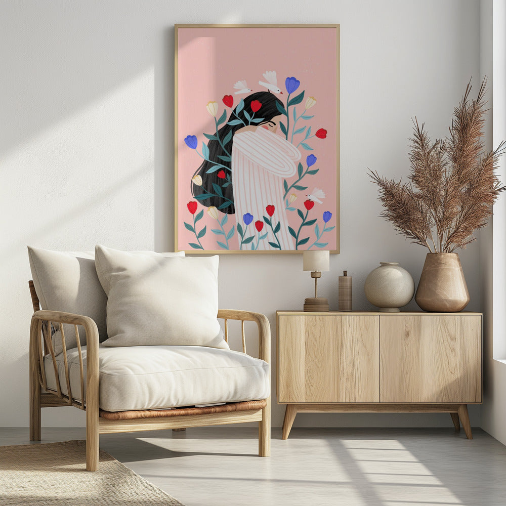 An illustration of a woman with long black hair hugging herself with closed eyes, surrounded by red, blue, and yellow flowers and small white birds against a soft pink background. Poster