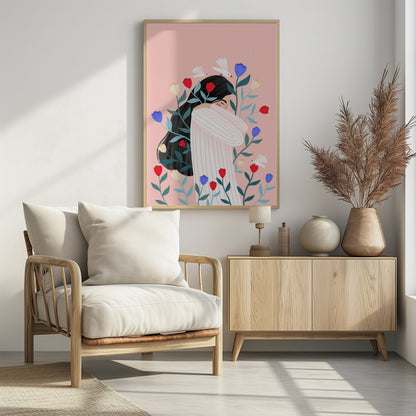 An illustration of a woman with long black hair hugging herself with closed eyes, surrounded by red, blue, and yellow flowers and small white birds against a soft pink background. Poster
