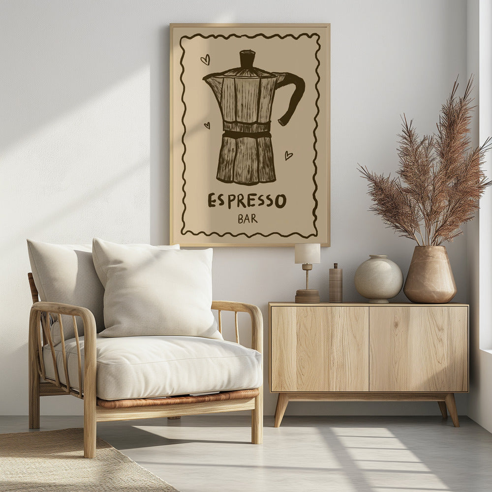 A vintage-style art print featuring a hand-drawn illustration of a moka pot in brown on a beige background. The poster has a decorative wavy border, small hearts around the coffee pot, and text below that reads 'ESPRESSO BAR'. The entire piece is enclosed in a simple black frame. Wall Art