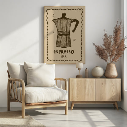 A vintage-style art print featuring a hand-drawn illustration of a moka pot in brown on a beige background. The poster has a decorative wavy border, small hearts around the coffee pot, and text below that reads 'ESPRESSO BAR'. The entire piece is enclosed in a simple black frame. Wall Art