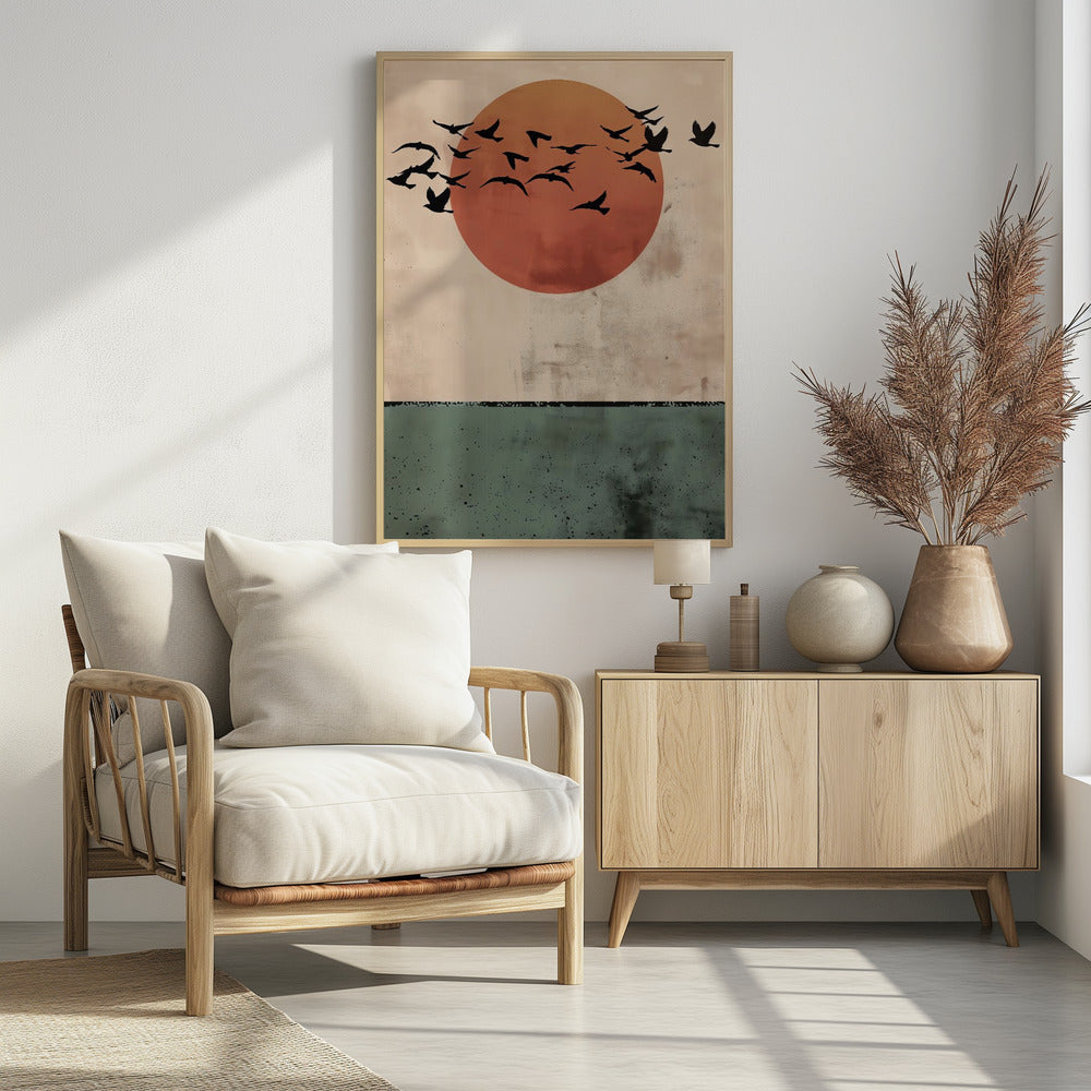 A modern art print featuring a large, textured orange-red sun against a distressed beige sky. A flock of black bird silhouettes flies across the sun. The bottom third of the image is a textured dark green panel, suggesting a minimalist landscape. The artwork is enclosed in a thin black frame. Decor