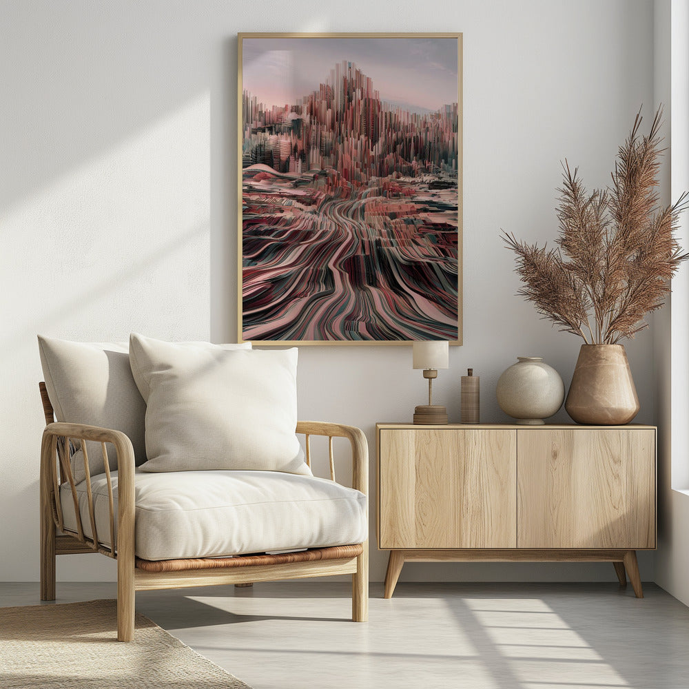 An abstract art print depicting a city skyline with geometric shapes and a modern color palette. Poster