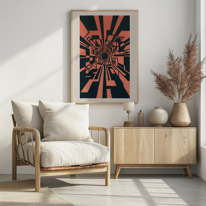 A high-contrast abstract artwork in coral pink and black, depicting a one-point perspective view down a complex geometric tunnel. Angular, blocky shapes create a futuristic corridor that recedes into a dark, circular vanishing point in the center, giving a strong sense of depth and motion. The piece is matted in white and framed in black. Print