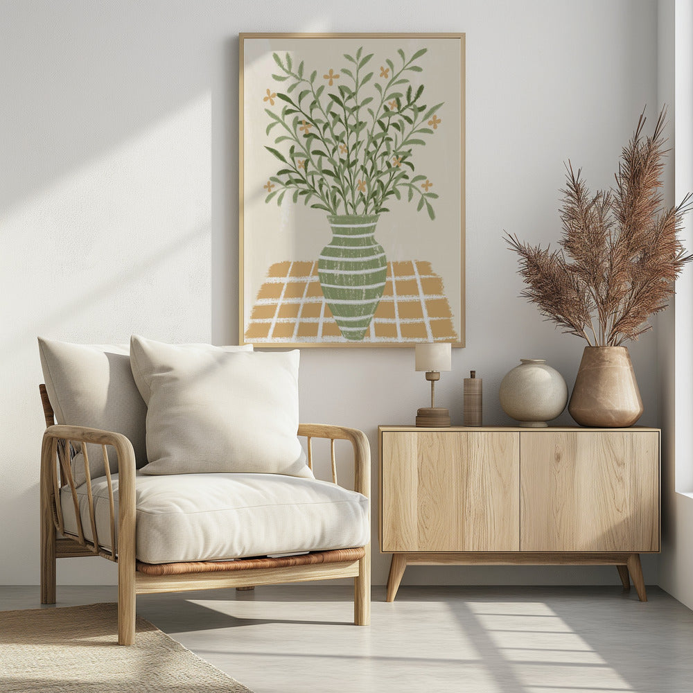 A stylized painting of a green vase with white horizontal stripes, filled with a large bouquet of leafy green stems and small orange flowers. The vase sits on a gold and white checkered tablecloth against a solid beige background. Poster