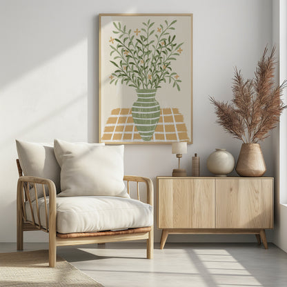 A stylized painting of a green vase with white horizontal stripes, filled with a large bouquet of leafy green stems and small orange flowers. The vase sits on a gold and white checkered tablecloth against a solid beige background. Poster