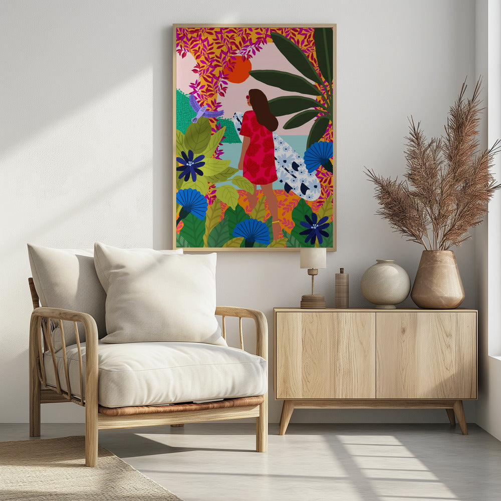 A vibrant, colorful illustration of a woman in a red dress carrying a floral surfboard, walking through a lush tropical jungle towards the ocean under a setting orange sun. Wall Art