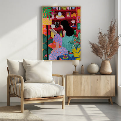 A colorful, maximalist illustration of a woman with long black hair sitting comfortably while reading a book. She is surrounded by lush green plants and a vibrant red bookshelf filled with decorative items, creating a cozy and eclectic atmosphere. Print