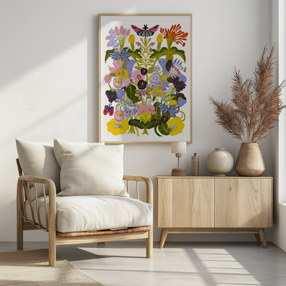 A vibrant, symmetrical collage-style artwork depicting a dense bouquet of colorful flowers and butterflies against a white background, enclosed in a black frame. The composition features a variety of stylized flowers in shades of pink, yellow, purple, and blue, with several blue and pink butterflies interspersed among the green foliage. Decor