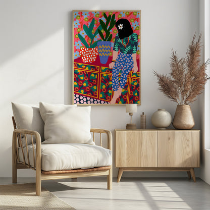 A colorful, maximalist illustration of a woman with black hair and a flower, sitting on a patterned cabinet. She wears a dark blue shirt with green leaves and blue pants with white circles. Next to her are two potted plants in brightly patterned pots, set against a pink and blue floral wallpaper. Poster