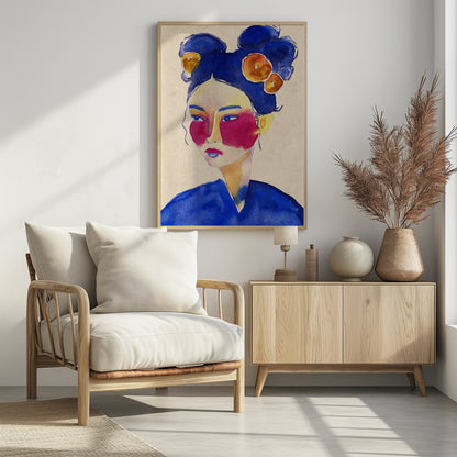 A stylized watercolor portrait of a woman with vibrant blue hair in double buns adorned with orange flowers, bold magenta blush, and a contemplative expression against a neutral beige background. Wall Art