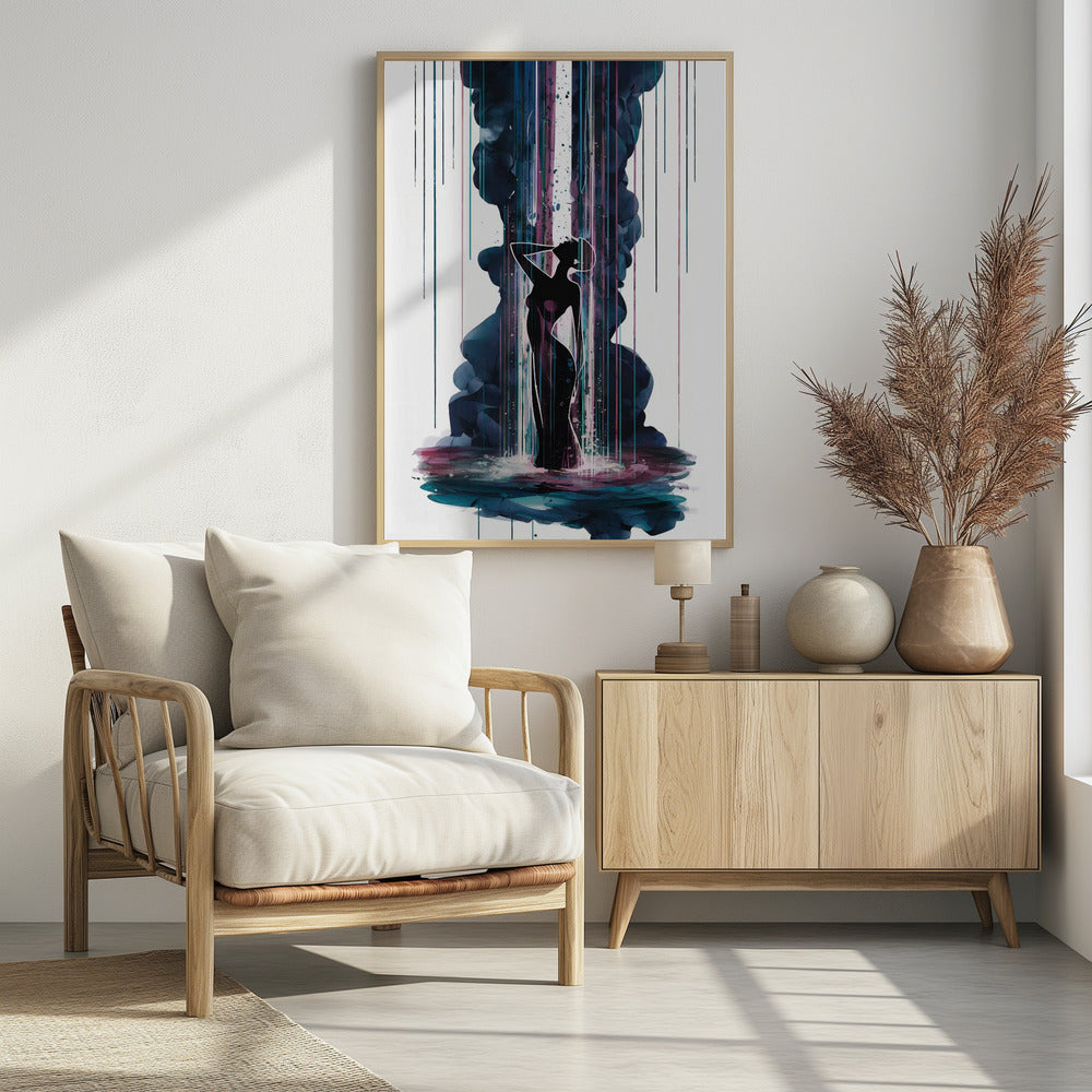 An abstract art piece featuring the black silhouette of an elegant woman standing in a pool of colorful watercolor. A large plume of dark blue smoke rises behind her, intersected by a bright white column of light and vibrant streaks of magenta and teal rain. Artwork