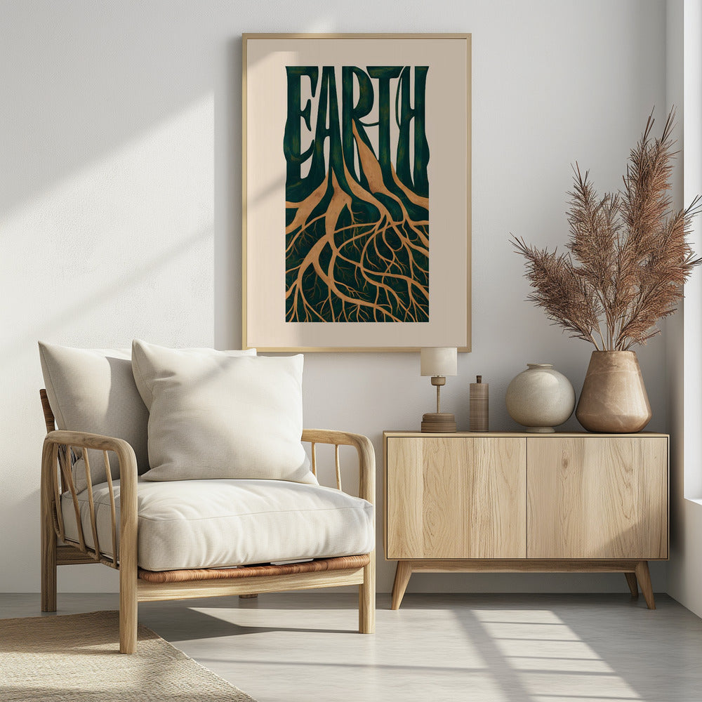 An illustrative art print featuring the word 'EARTH' in large, dark green, stylized letters. The letters seamlessly transform into tree trunks, with an intricate network of golden-brown roots extending downwards, all set against a cream-colored background and framed in black. Artwork