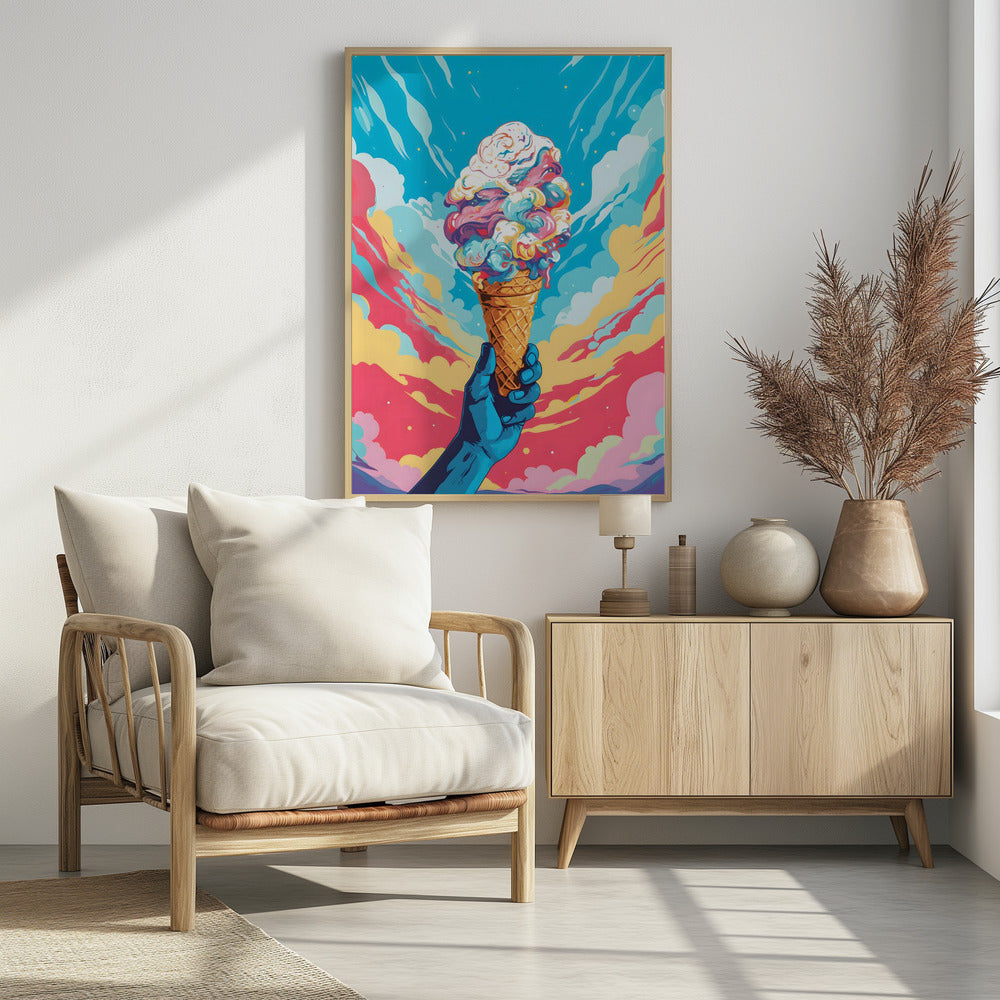 A vibrant, pop-art style illustration of a blue-skinned hand holding up a waffle cone piled high with swirling, multi-colored ice cream against a dynamic sky of colorful clouds in shades of blue, pink, and yellow. Decor