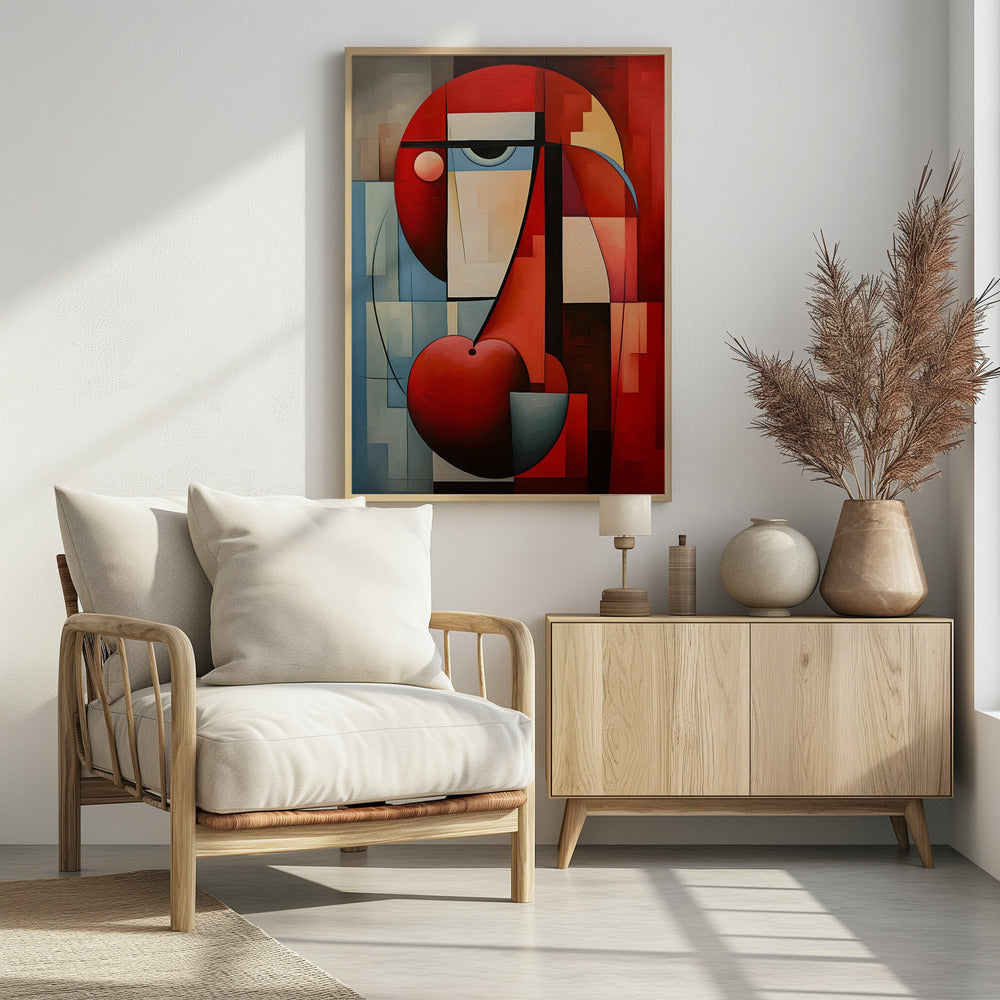 A vibrant abstract painting in a cubist style, featuring a deconstructed face. The composition is dominated by bold red geometric shapes, including a large circle for the head and a heart-like or cherry shape at the bottom. A single stylized eye looks out from a field of cream and light blue blocks, all intersected by strong black lines and planes of color. Artwork