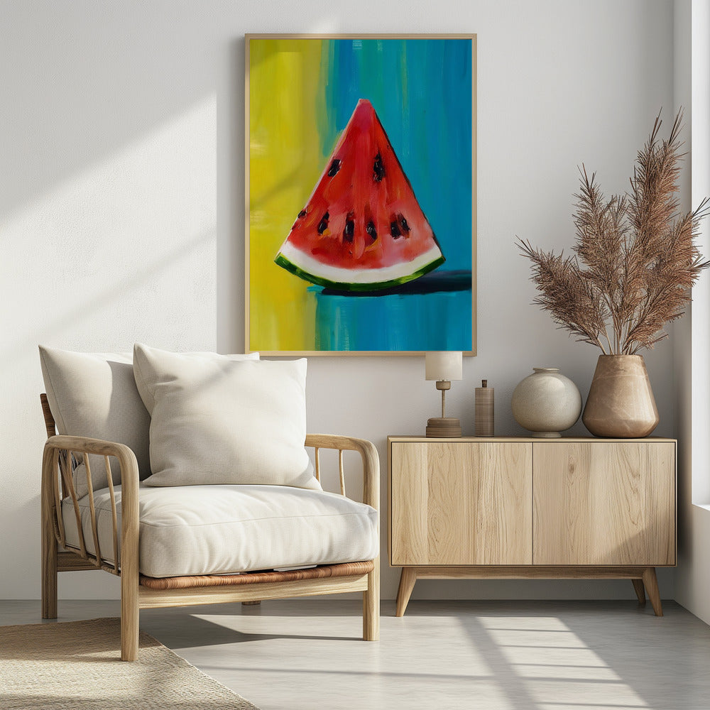 An impressionistic painting of a single, juicy slice of watermelon. The vibrant red flesh and black seeds contrast with a colorful background of bright yellow and deep teal blue, all rendered with visible, expressive brushstrokes and framed in black. Artwork