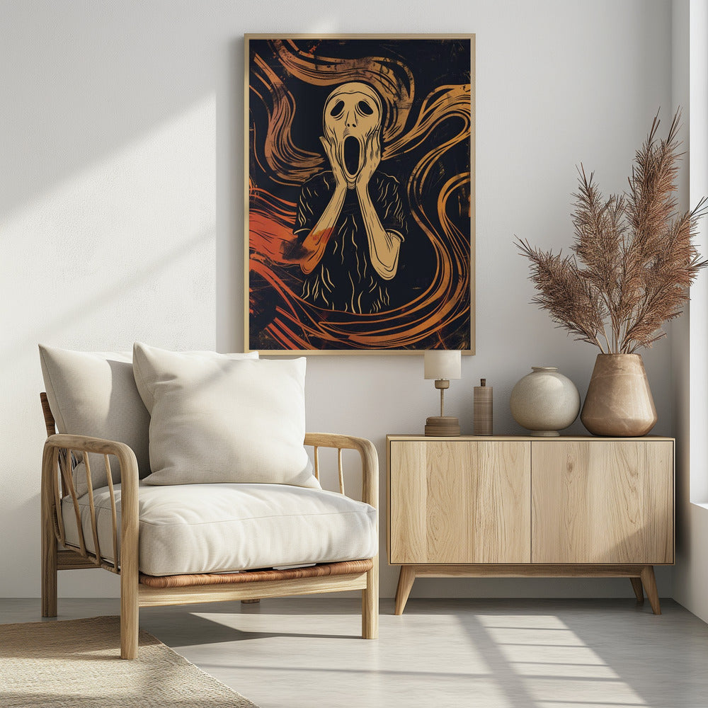 A graphic art interpretation of Edvard Munch's 'The Scream', featuring a stylized, pale figure with its hands on its cheeks and mouth agape. The background is dark navy blue with dynamic, swirling orange and yellow lines that convey a sense of turmoil and anxiety. Poster