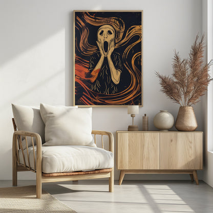 A graphic art interpretation of Edvard Munch's 'The Scream', featuring a stylized, pale figure with its hands on its cheeks and mouth agape. The background is dark navy blue with dynamic, swirling orange and yellow lines that convey a sense of turmoil and anxiety. Poster