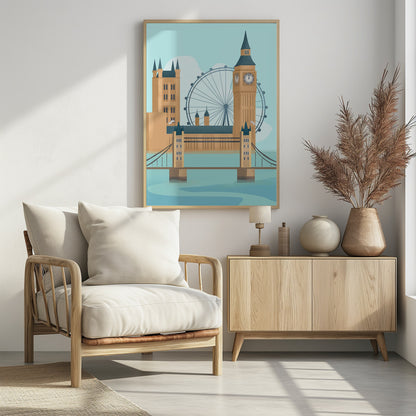 A stylized graphic illustration of the London cityscape, featuring famous landmarks like Tower Bridge, Big Ben, and the London Eye against a pale blue sky, rendered in a modern, flat style. Wall Art