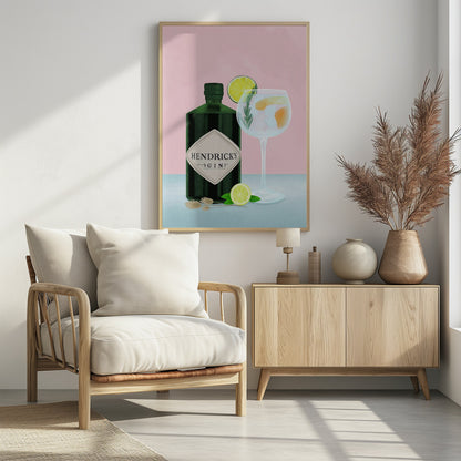 A stylized illustration of a bottle of Hendrick's Gin next to a gin and tonic in a balloon glass. The scene is set against a pink background, with the drink garnished with lime and rosemary, and a lime half resting on the light blue table. Decor