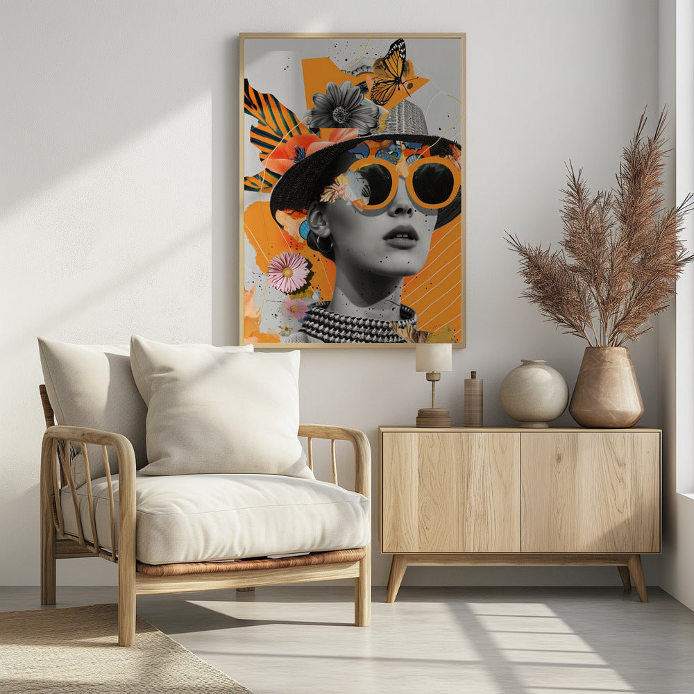 A modern collage featuring a black and white portrait of a woman wearing a black hat and oversized orange sunglasses. The image is layered with cutouts of flowers, a monarch butterfly, and abstract orange shapes against a light gray background with black paint splatters. Decor