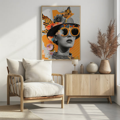 A modern collage featuring a black and white portrait of a woman wearing a black hat and oversized orange sunglasses. The image is layered with cutouts of flowers, a monarch butterfly, and abstract orange shapes against a light gray background with black paint splatters. Decor