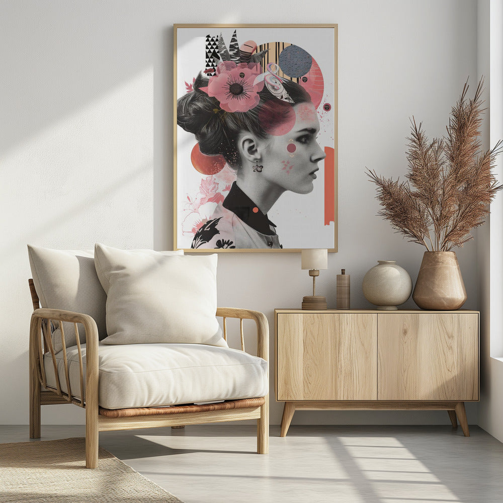 A modern collage artwork featuring a black and white profile portrait of a woman with an elegant updo. Her face and hair are adorned with colorful abstract shapes, including pink and orange circles, geometric patterns, and a large, semi-transparent pink flower. Artwork