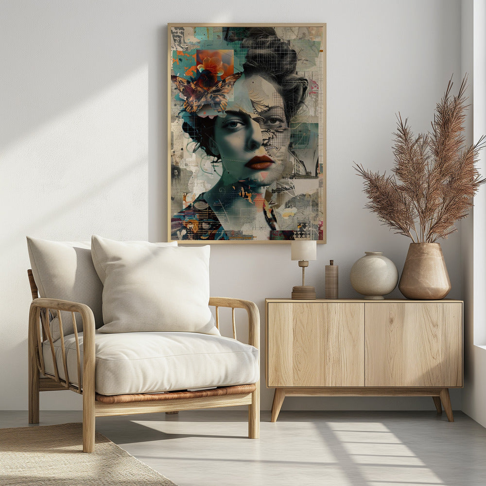 A framed abstract collage featuring the fragmented portrait of a woman. Her face is overlaid with grid patterns, torn paper textures, and illustrations. A large, detailed butterfly and a vibrant orange flower are placed near her left temple. The overall composition is a complex layering of architectural sketches, abstract shapes, and muted tones of teal, beige, and black, with a pop of red on the woman's lips. Artwork