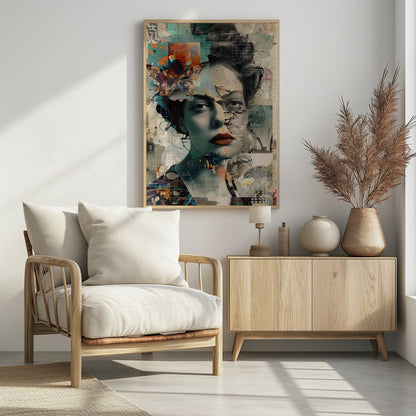 A framed abstract collage featuring the fragmented portrait of a woman. Her face is overlaid with grid patterns, torn paper textures, and illustrations. A large, detailed butterfly and a vibrant orange flower are placed near her left temple. The overall composition is a complex layering of architectural sketches, abstract shapes, and muted tones of teal, beige, and black, with a pop of red on the woman's lips. Artwork