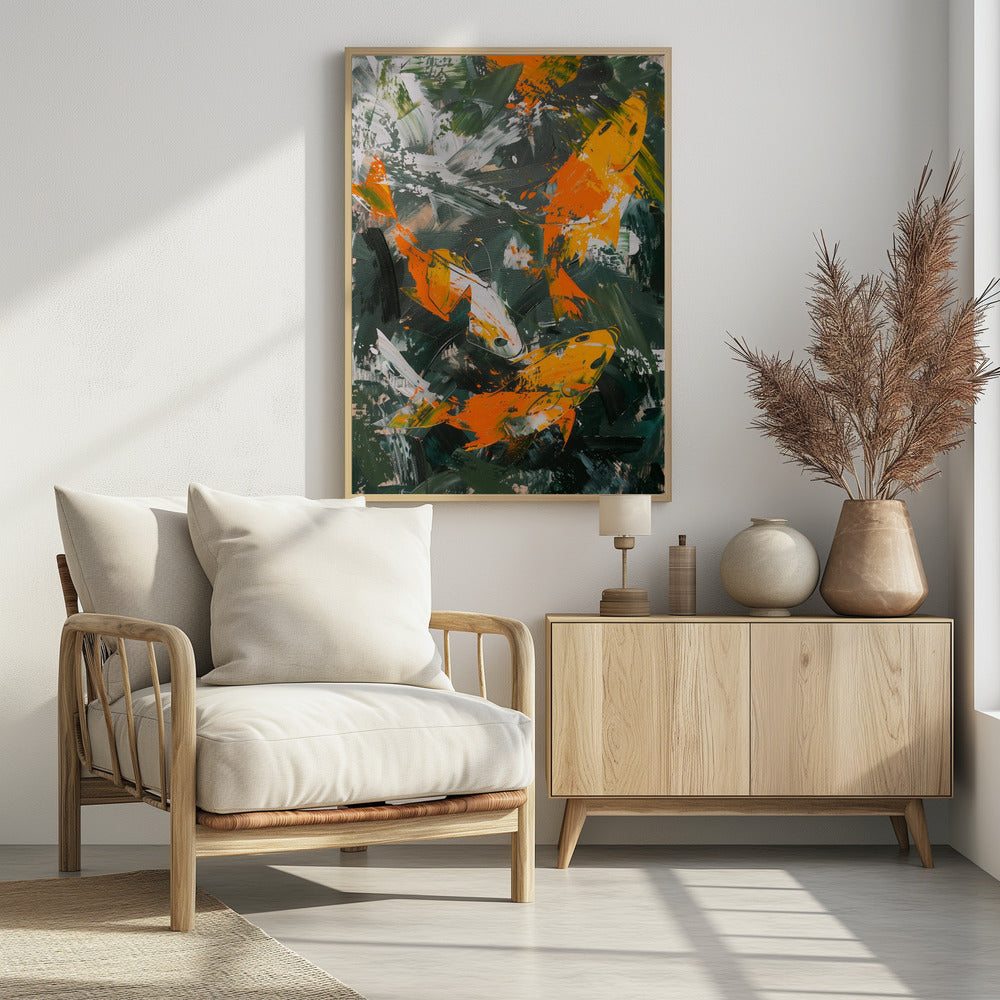 An abstract, vertical painting depicting several koi fish swimming amongst each other. The fish are rendered in bold strokes of orange, yellow, and white, set against a dark, expressive background of green and black brushstrokes. The painting has a textured, impasto style and is presented in a simple black frame. Decor