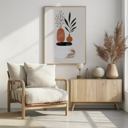 A minimalist abstract illustration featuring a balanced stack of organic shapes. At the bottom is a large white textured stone, followed by a flat black stone, and topped with two terracotta-colored vases. Stylized black plants with leaves and berries sprout from the vases against a light cream background. Wall Art