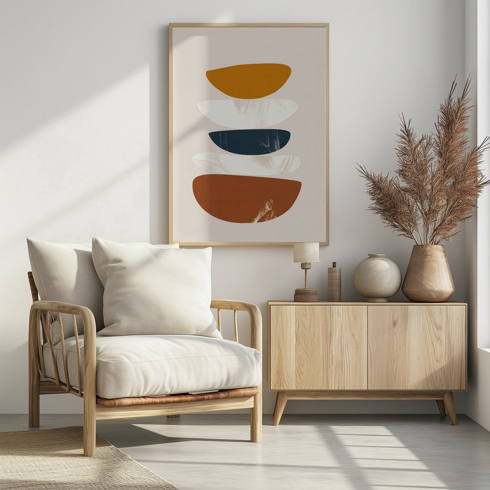 A framed abstract painting with a stack of five flattened, semi-circular shapes against a light beige background. From top to bottom, the shapes are colored mustard yellow, textured white, dark navy blue, textured white, and a larger rust brown. Wall Art