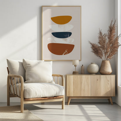 A framed abstract painting with a stack of five flattened, semi-circular shapes against a light beige background. From top to bottom, the shapes are colored mustard yellow, textured white, dark navy blue, textured white, and a larger rust brown. Wall Art