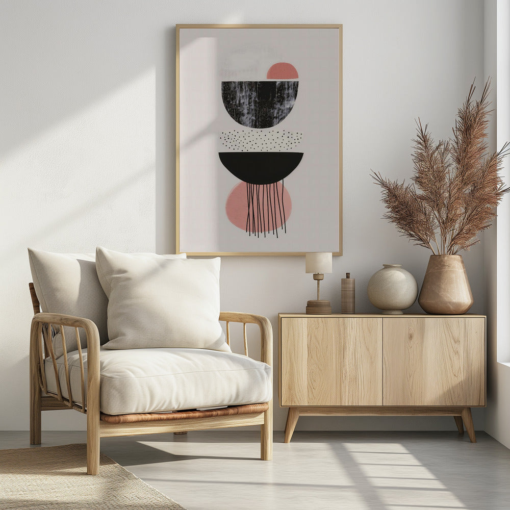 A framed modern abstract art piece with a vertical composition of stacked geometric shapes on a light cream background. The shapes include black and pink semi-circles, some with distressed or polka-dotted textures, and thin black lines dripping downwards from the bottom. Poster
