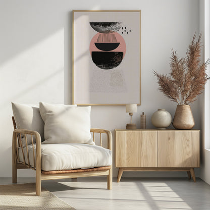 A framed modern abstract artwork with a vertical composition. On a cream background, a stack of geometric shapes in black and pink is depicted, featuring textured semi-circles, a large pink circle, and fine black lines, creating a balanced and minimalist design. Artwork