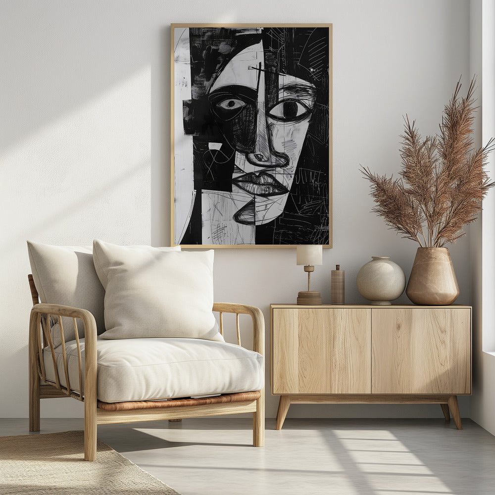 A striking black and white abstract portrait of a face, rendered in a cubist-inspired style. The features are fragmented and asymmetrical, with bold black shapes contrasting against white areas filled with expressive, sketchy linework, creating a powerful and dramatic composition. Poster