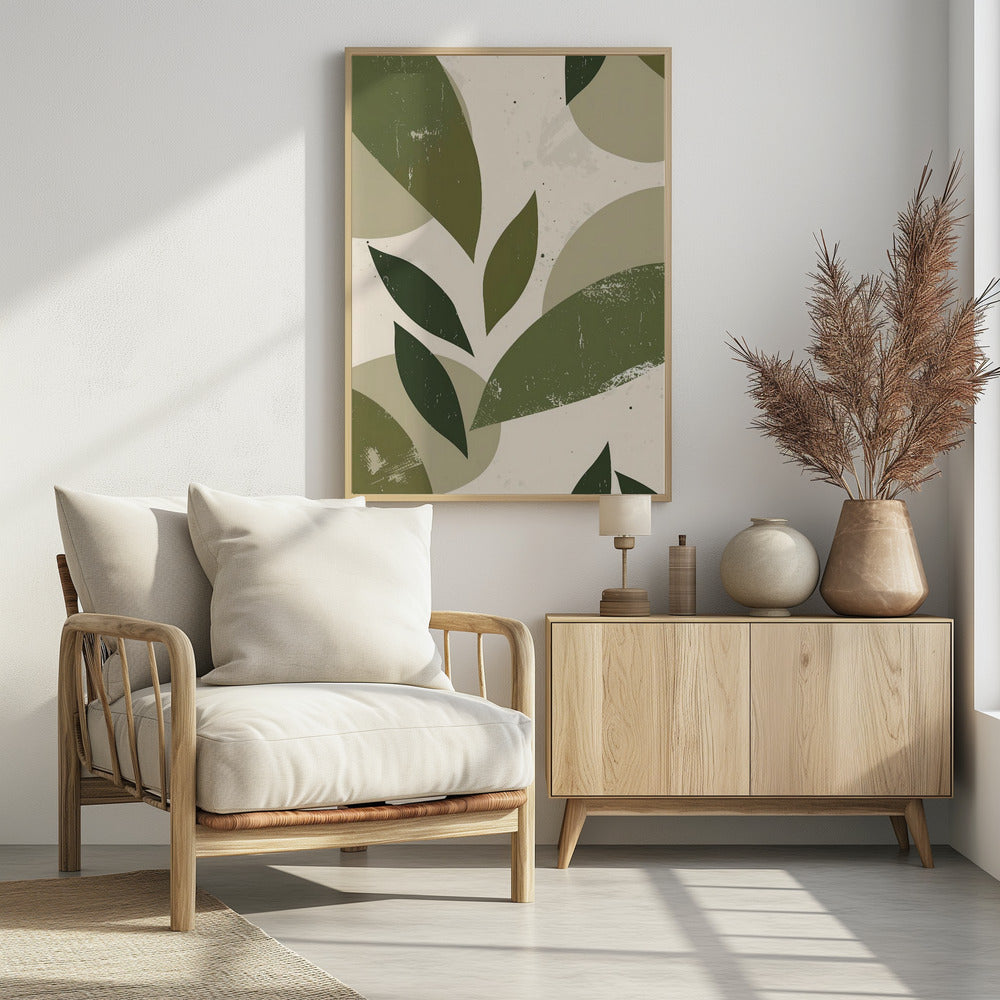 A framed abstract artwork featuring a collage of stylized leaf shapes in various shades of green, including olive and sage. The shapes overlap against a light beige background, and the entire piece has a distressed, textured finish with small black speckles. The composition is modern and botanical. Decor
