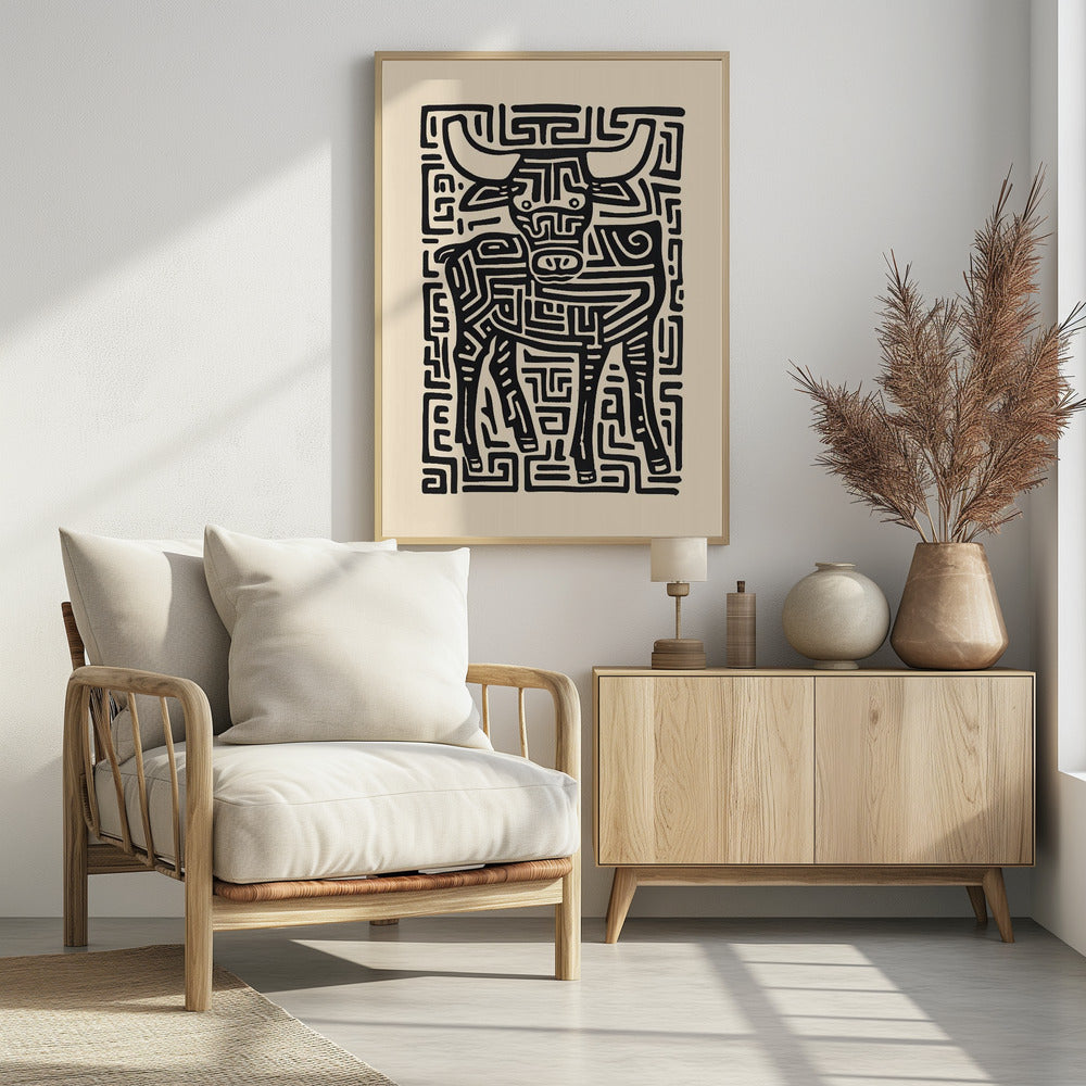 A stylized black and cream artwork of a bull, where the animal and its background are formed by a single, continuous maze-like or labyrinthine pattern of thick black lines on a cream-colored paper, enclosed in a thin black frame. Print
