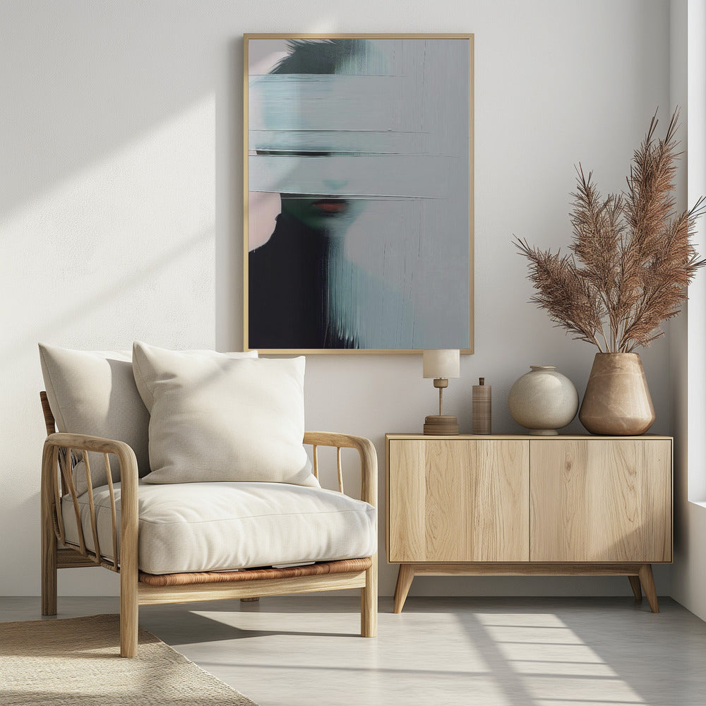 An abstract portrait of a person in a black turtleneck, their face is obscured by thick, horizontal and vertical strokes of pale blue-gray paint, leaving only their mouth visible. The artwork is presented in a simple black frame. Poster