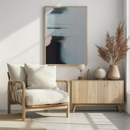 An abstract portrait of a person in a black turtleneck, their face is obscured by thick, horizontal and vertical strokes of pale blue-gray paint, leaving only their mouth visible. The artwork is presented in a simple black frame. Poster