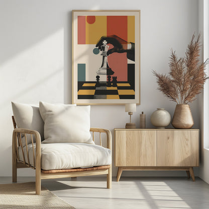 A modern graphic art poster of a hand moving a white king chess piece on a black and yellow chessboard. The background is a collage of abstract geometric shapes in red, orange, yellow, and teal. Decor