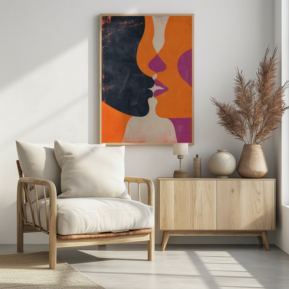 An abstract, modern illustration depicting the profiles of two figures about to kiss. One figure is a solid dark blue with a distressed texture, while the other is bright orange. Their overlapping lips are highlighted in magenta and off-white, creating a dynamic and intimate focal point. The artwork uses bold, flat color shapes and has a vintage, textured feel. Decor