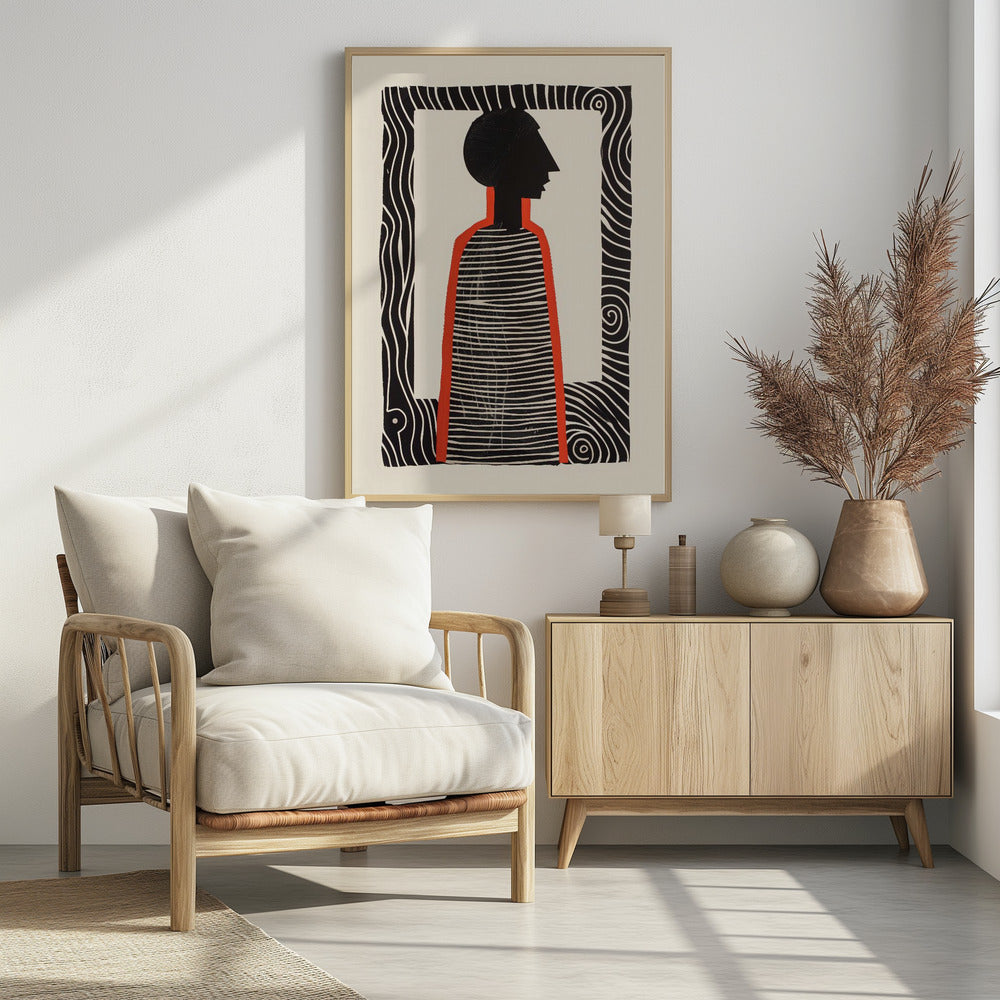 A modern graphic art print in a black frame, featuring a stylized silhouette of a person in profile. The figure has a black head and a striped black-and-white body, outlined in bold red. The background is off-white, and the central image is surrounded by a thick, patterned black-and-white border. Artwork